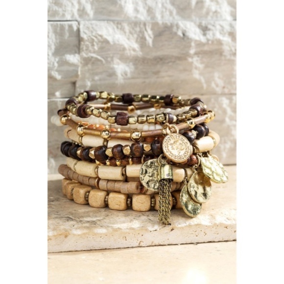 SOLD OUT Boho Brown Wood Gold Bead Charm Stackable Multi Layer Stretch Bracelet - Picture 3 of 3